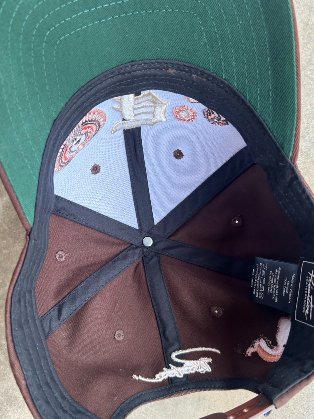 Primitive Brown Baseball Cap with Cream Logo and Embroidery - Picture 4 of 5